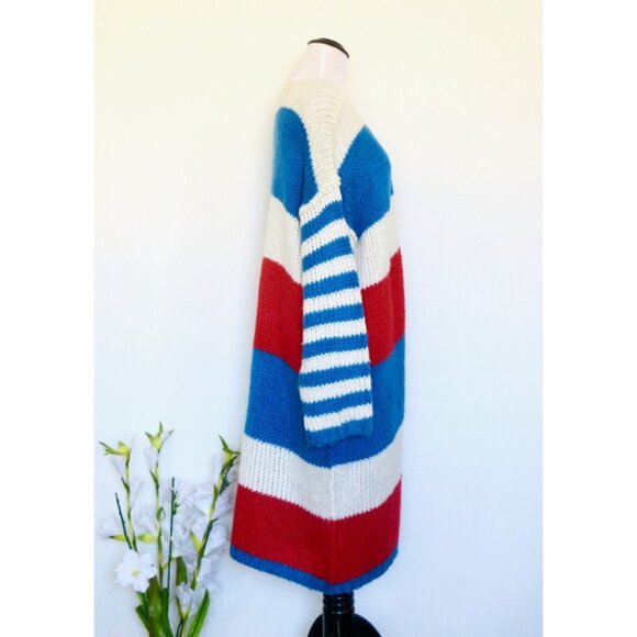 VICI Chunky Knit Open Front Duster Cardigan Striped Red White Blue SZ M - Picture 7 of 9